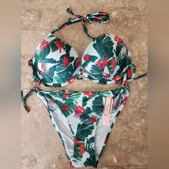 34C/M VS Swim Bombshell Bikini Top Side Tie Cheeky Bikini Set Blue Palm - Picture 1 of 10